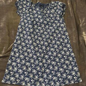 Vintage 90s Y2K Baby Gap Dark Navy Blue Short Puff Sleeve Floral Dress 4T (XS)